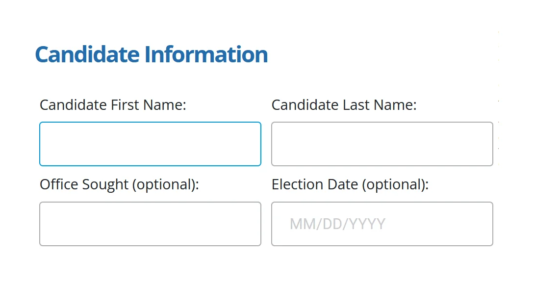 Signup form where you enter your candidate information to create your campaign website