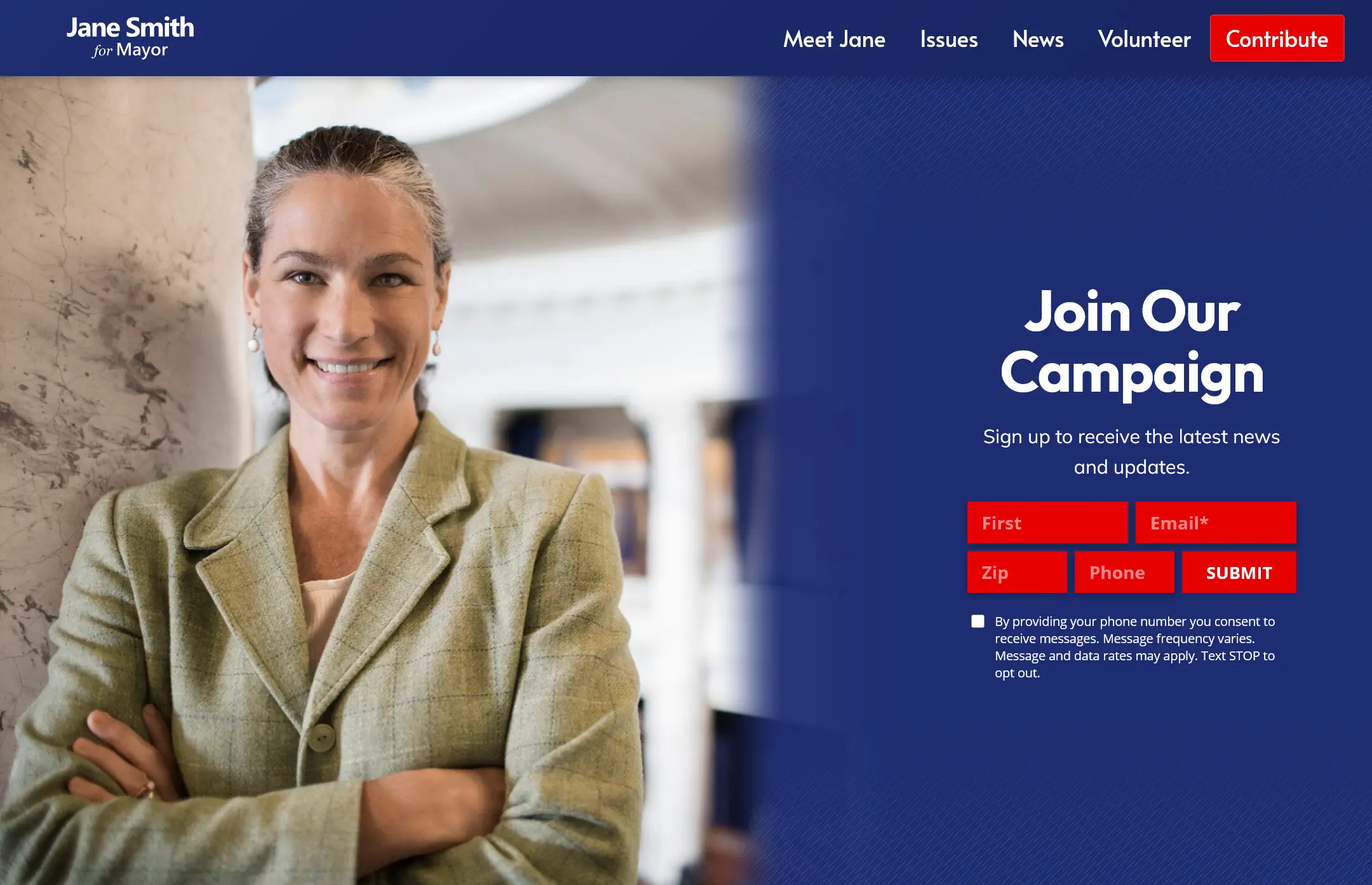 Sample political campaign website for fictional candidate Jane Smith