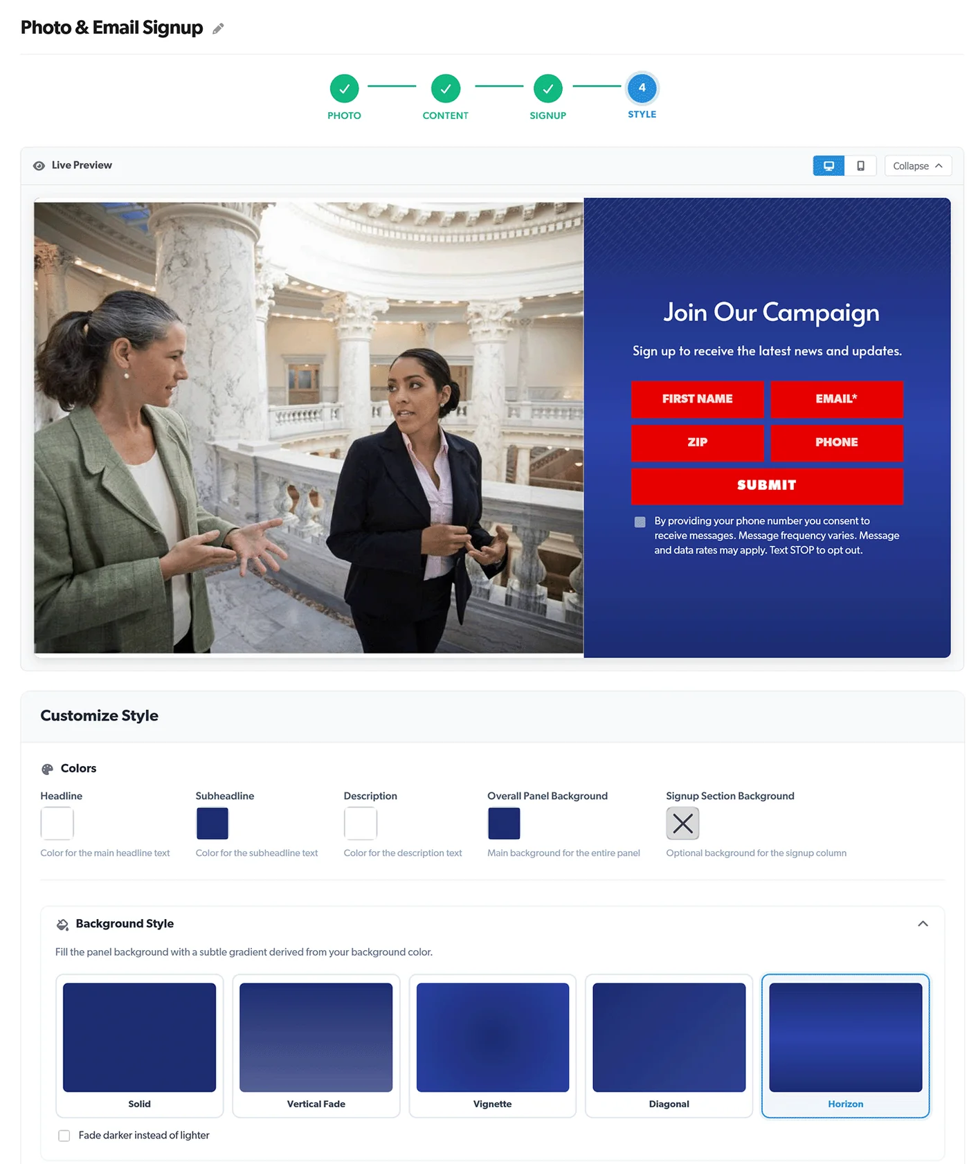 Setting up a photo and email signup panel, with a live preview